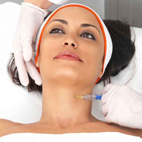 A woman getting botox injections for neck bands