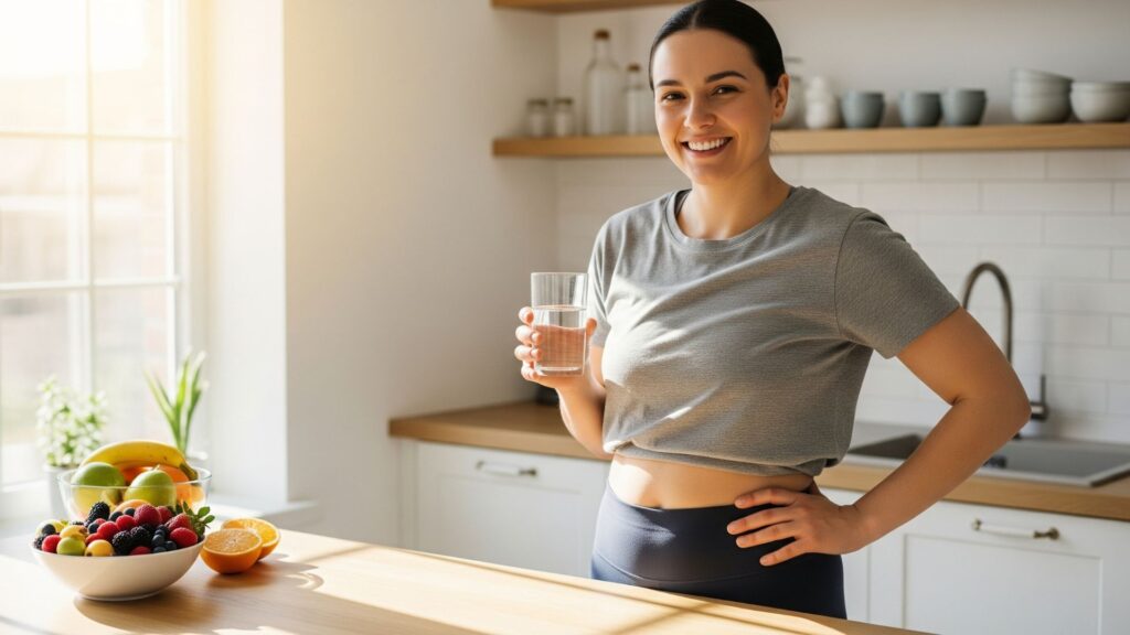 Woman drinking water in her kitchen